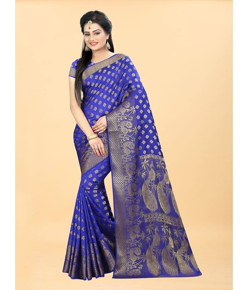 Gazal Fashions Banarasi Silk Embellished Saree With Unstitched Blouse Piece ( Blue )