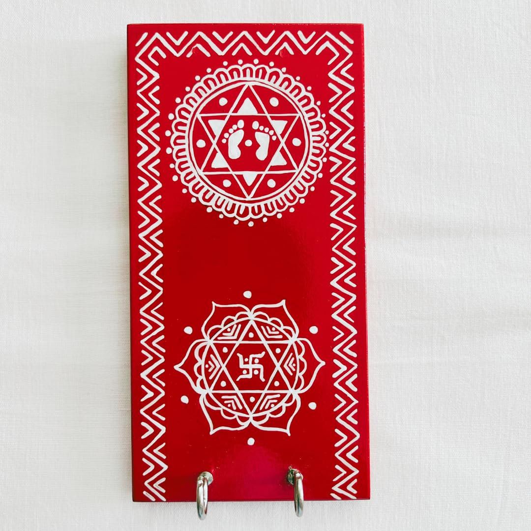 Himadri Emporium Premium Aipan Key Holder RED with Decoration of Laxmi Foot and Swastik