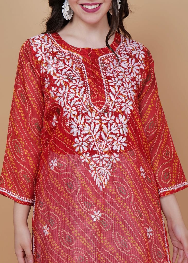 Kota Doria Chikankari Masterpiece Straight Kurta -Darl Red