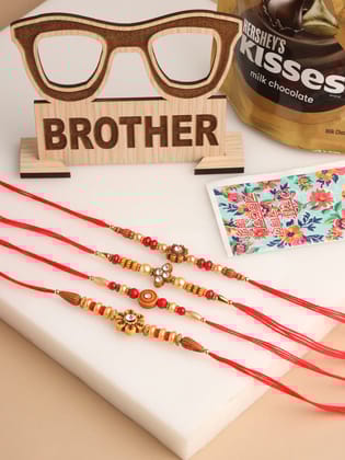 NVR Men Set of 4 Red Artificial Stones & Beads Floral Shape Thread Rakhi Combo-One Size / Red