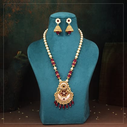 Rani Color Meena Work Matte Gold Rajwadi Temple Necklace Set (TPLN704RNI)-Length: 38.00 CM x Width: 1.00 CM / Pink / Alloy With Good Quality Matte Gold Plated