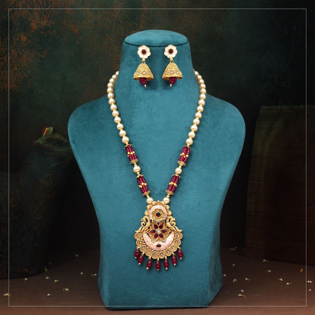 Rani Color Meena Work Matte Gold Rajwadi Temple Necklace Set (TPLN704RNI)-Length: 38.00 CM x Width: 1.00 CM / Pink / Alloy With Good Quality Matte Gold Plated