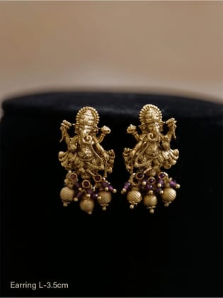 Ganpatiji design earrings with different colour drops-Gold ruby