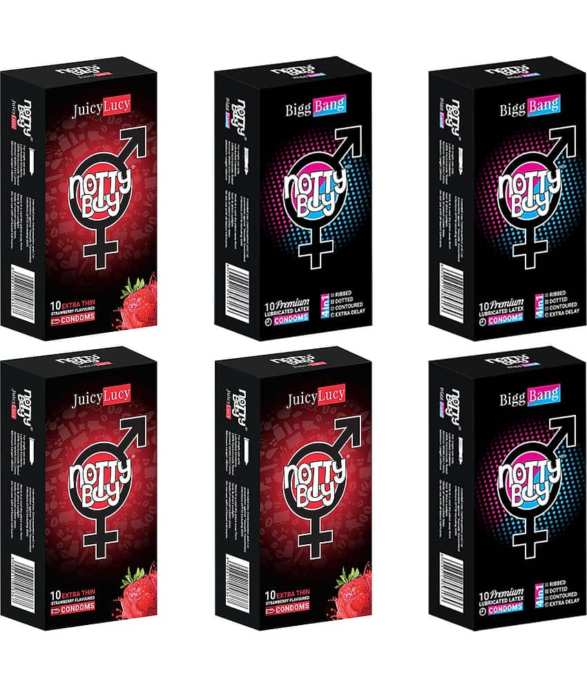 NottyBoy Strawberry Flavour Thin and 4 IN 1, Ribbed,  Dotted, Contour, Extra Time Condoms - 60 Units