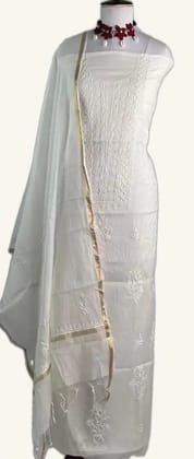 Chikankari Mul Chanderi Dress Material White Tonal Jaali