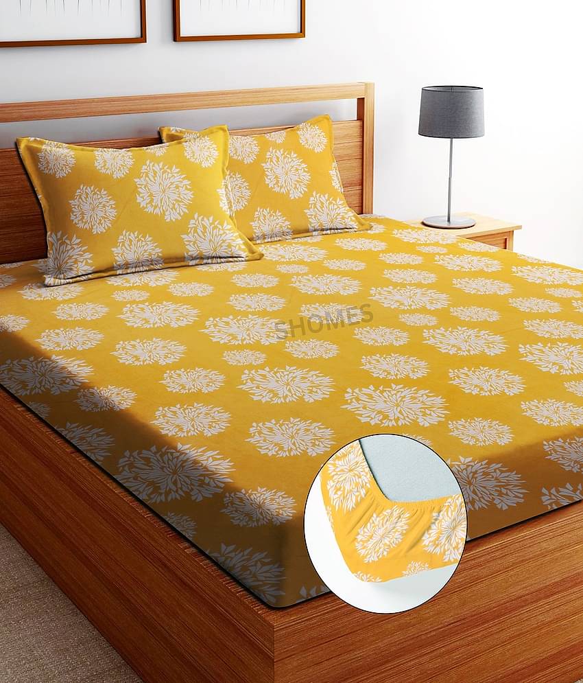 SHOMES Cotton Floral Fitted 1 Bedsheet with 2 Pillow Covers ( Double Bed ) - Yellow