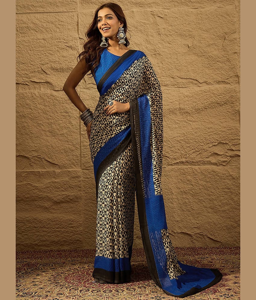 Vaamsi Chiffon Printed Saree With Unstitched Blouse Piece ( Blue )