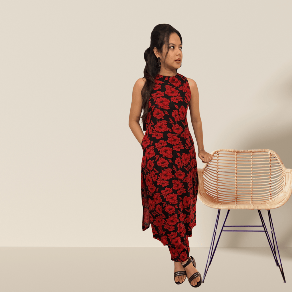 Red Black Rayon Halter Neck Kurta Set with Cigarette Pants – Sleeveless Co-ord Set for Women