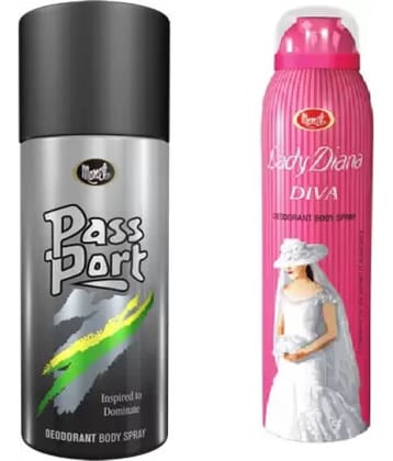 .MONET Passport Black & Lady Diva Body Spray - For Men & Women150 ml each.pack of 2.