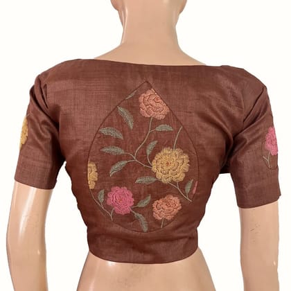Pure Tusar Silk Scallop Neck Blouse with Embroidery Patches and Lining, Chocolate color , BL1003-XL