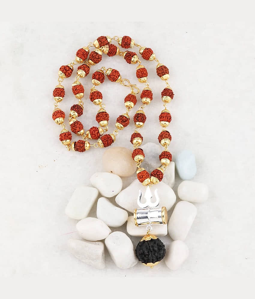 SILVER SHINE Gold Plated  Silver Trishul Locket with Rudraksha Mala for Men and Women