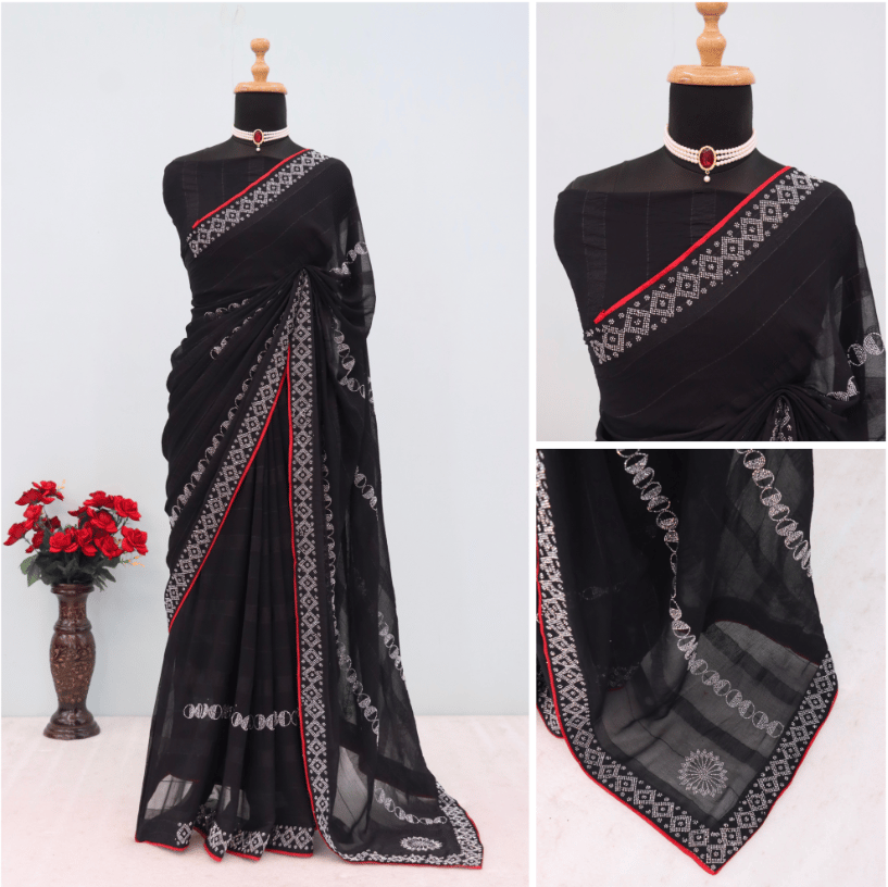 Premium Silk stone Work Stylish Party Wear Saree With unstitched Blouse Piece