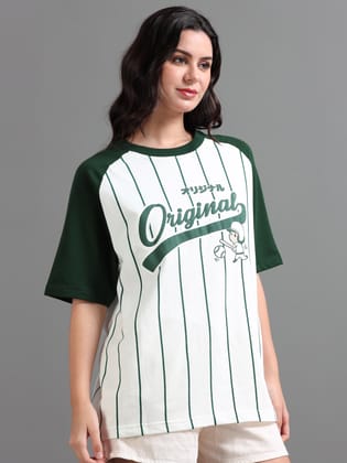 Women BASEBALL Puff Printed Oversized T-Shirt-L / White