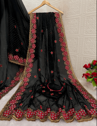 Womens New Latest Bollywood Fancy Party Wear Premium Fabric embroidery and  Swaroski  Work with Fancy cut work border Saree With Blouse