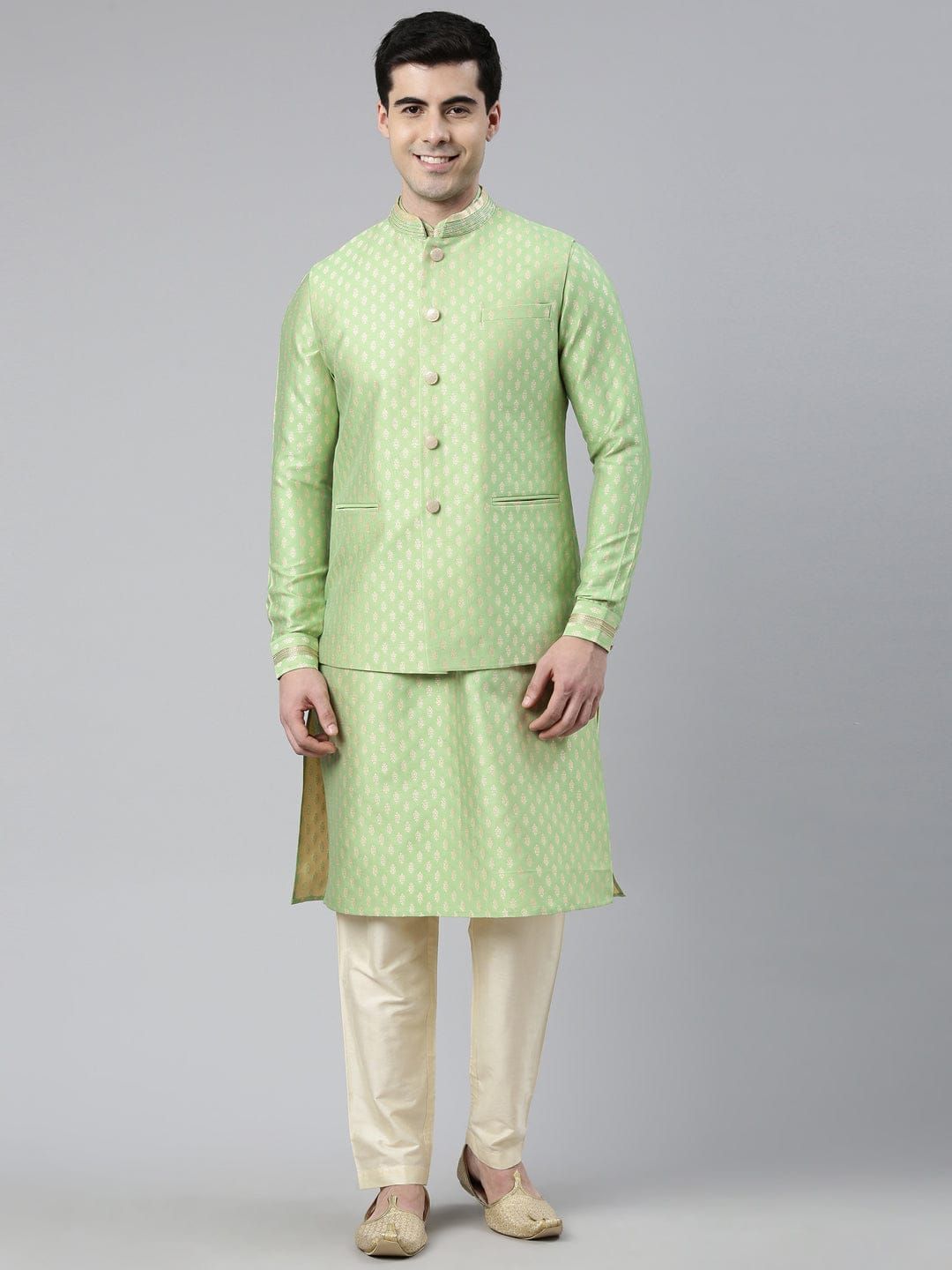 Mint Green Banarasi Jacquard Jacket And Kurta Set-S/38 / Pajama set