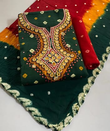 Cotton Real Mirror Resham Thread work Hand Crafted Bandhani Material (Unstitched)-Green