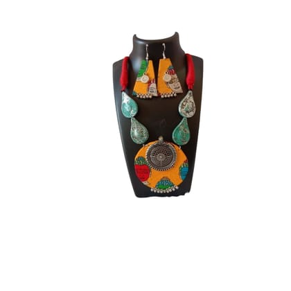 Handmade Kalamkari Fabric Jewelry Set with Colorful Earrings and Vibrant Yellow Necklace, Featuring Oxidized Metal Accents and Chemical Beads, Ideal for Bohemian Style Enthusiasts