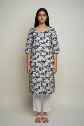 Pedana Kalamkari Screen-Printed Cotton Kurti in Cream and Blue