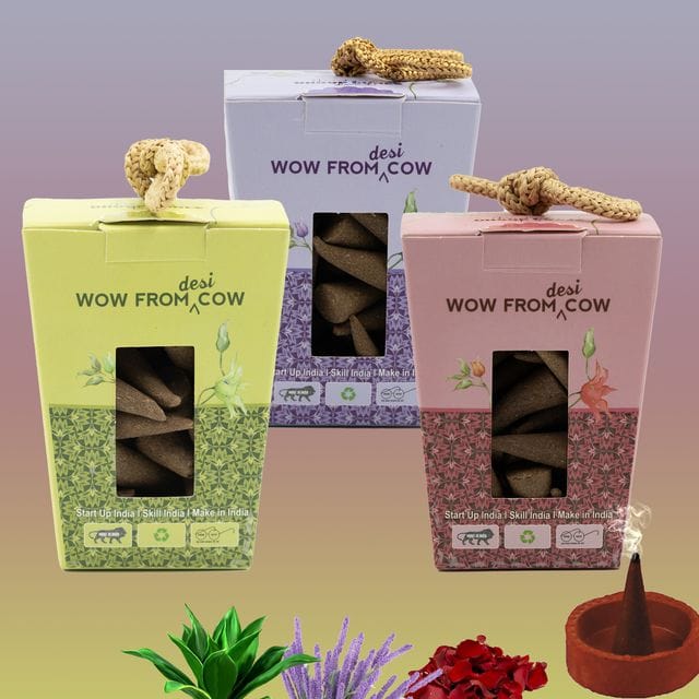 Nandi Panchgavya 100 Percent Cow Dung Kevda, Rose, Lavender Dhoop Cones (150 Pcs)