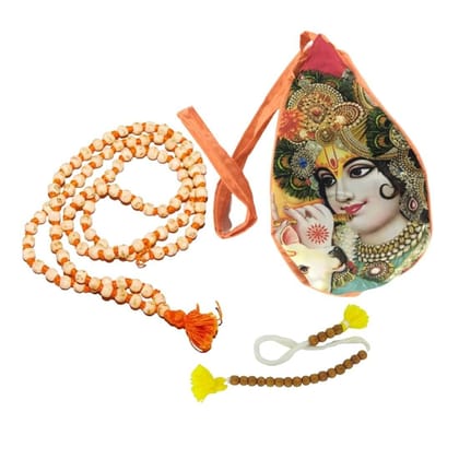 MAYAPURI Krishna Printed Japa Bag/Chanting Bag with Zip Pocket & Japa Mala with Sakshi Mala (Pack of 1)