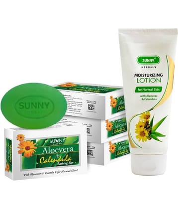 SUNNY HERBALS Aloevera & Calendula Lotion 100ml and Bathing Bar Soap (75g*4)300 g