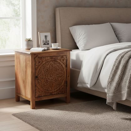 Wooden Carved Bedside Cabinet Side Storage