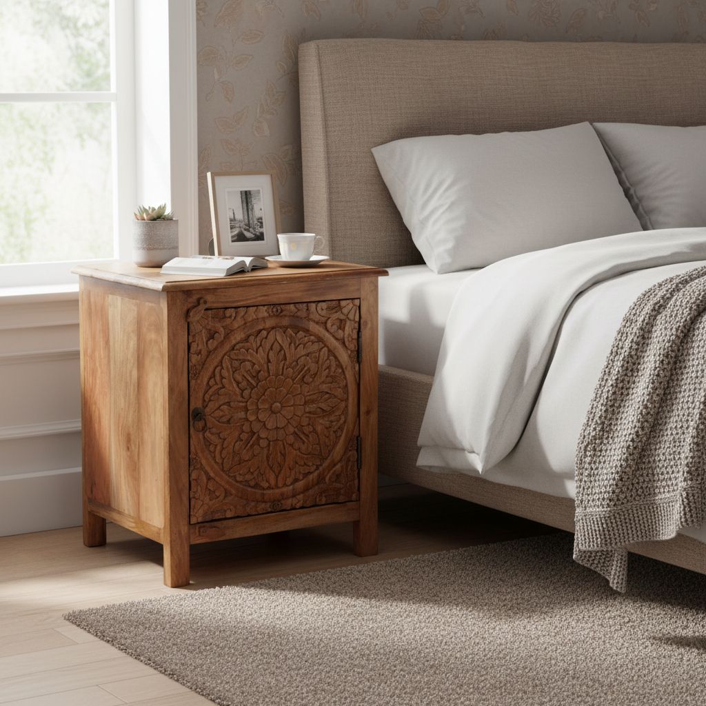 Wooden Carved Bedside Cabinet Side Storage