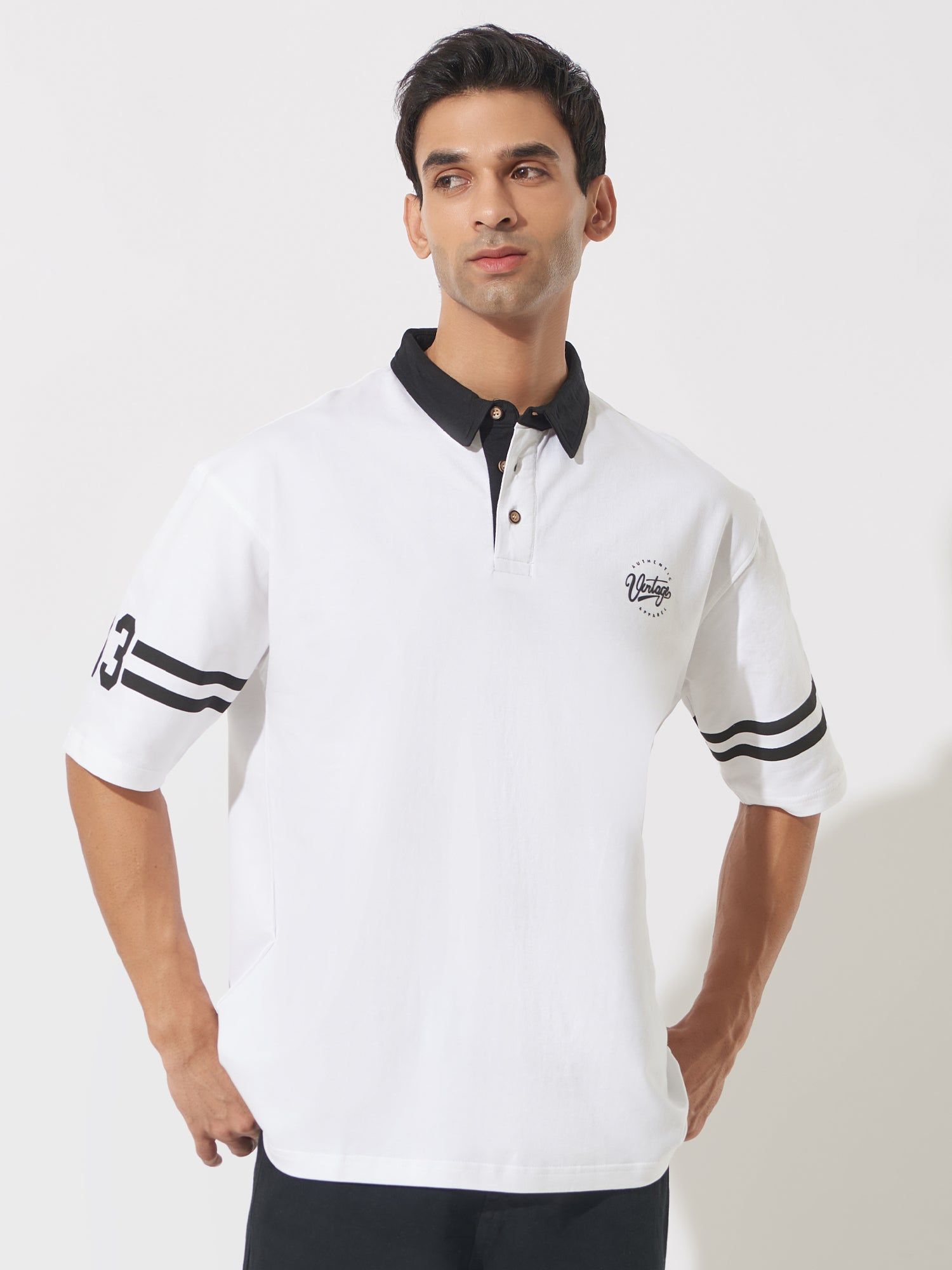 Vintage White & Black Oversized Half Sleeve Polo T-Shirt-S