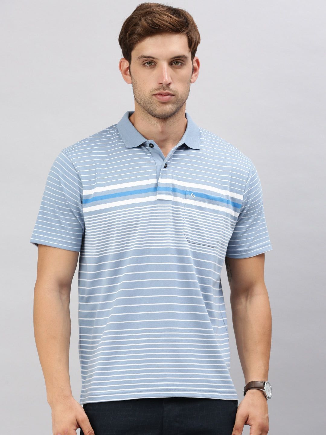 Classic Polo Men's Half Sleeve Blue/White Polo Neck Authentic Fit Striped T-Shirt | AVON - 584 A AF P