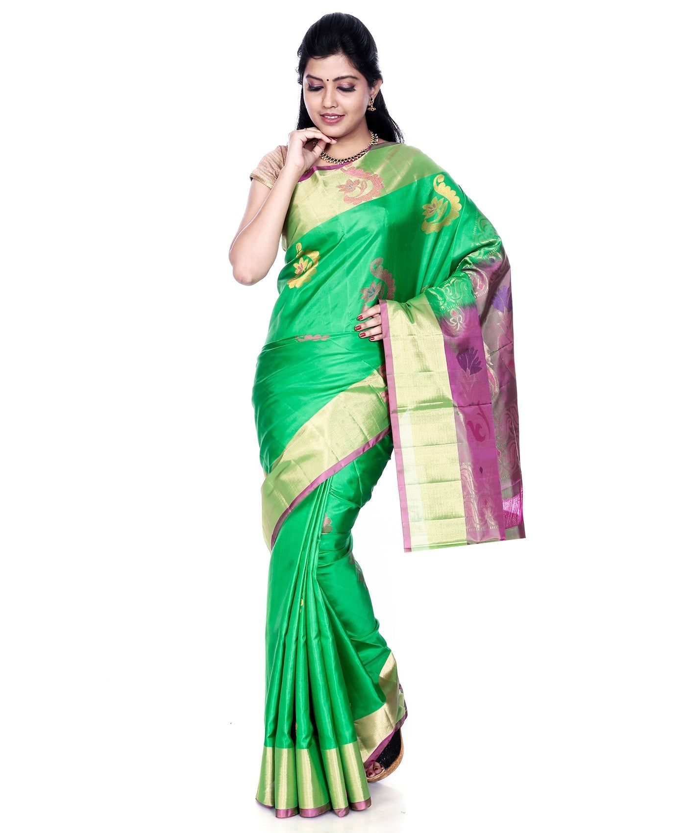 Green Kanchipuram Silk Saree Floral Motifs