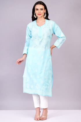 MRS RIGHT CHIKANKARI SKY BLUE PREMIUM COTTON KURTA MRS RIGHT CHIKANKARI SKY BLUE PREMIUM COTTON KURTA