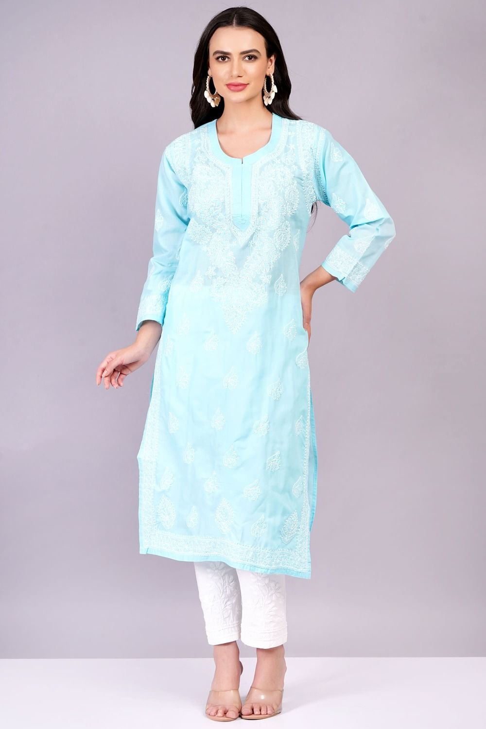 MRS RIGHT CHIKANKARI SKY BLUE PREMIUM COTTON KURTA