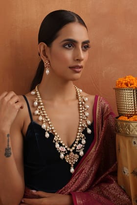 Vanshika Red Kundan Long Necklace Set-Kundan