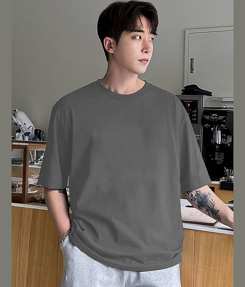 VIOUR Men Cotton Oversized Fit Solid T-Shirt ( Grey )