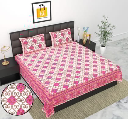 3001-Hometrade India-Standard King Size (90*108 Inches)-Pure Cotton Jaipuri Double Bedsheet With Matching Pillow Cover