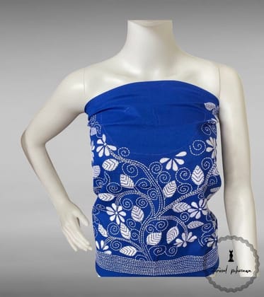Blue Bengal Kantha Hand Embroidered Blouse Piece for Sarees