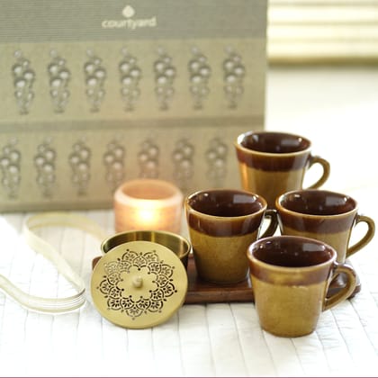 SATKAR - HOUSEWARMING HAMPER BOX-GOLD & BROWN & GOLD / WOOD & BRASS & CERAMIC & GLASS / 4 CUPS, 1 NUT CASE, 1 TLIGHT, 1 TRAY