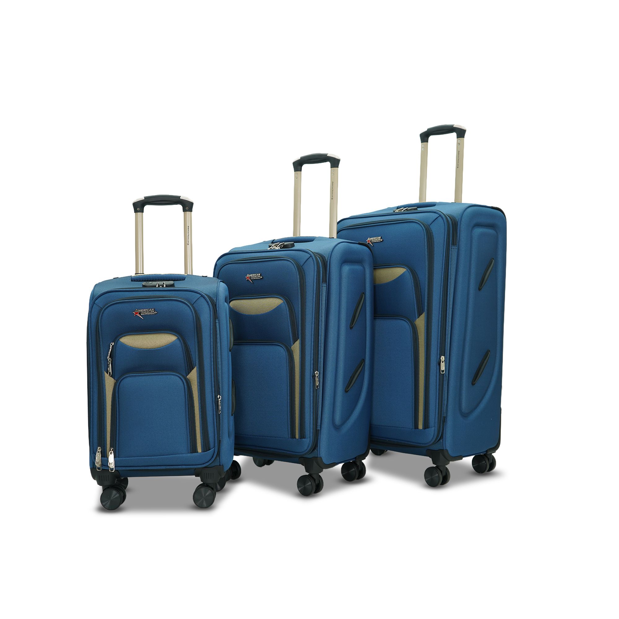 AMERICAN TRAVELLER Tourissem Bossed Trolley Bags Set of 3 Cabin, Medium, Large | Travel Suitcase Luggage | 18% Expandable | 360 Dual Disc Spinner Wheels | Lock & Telescopic Handle (3, Navy Blue)