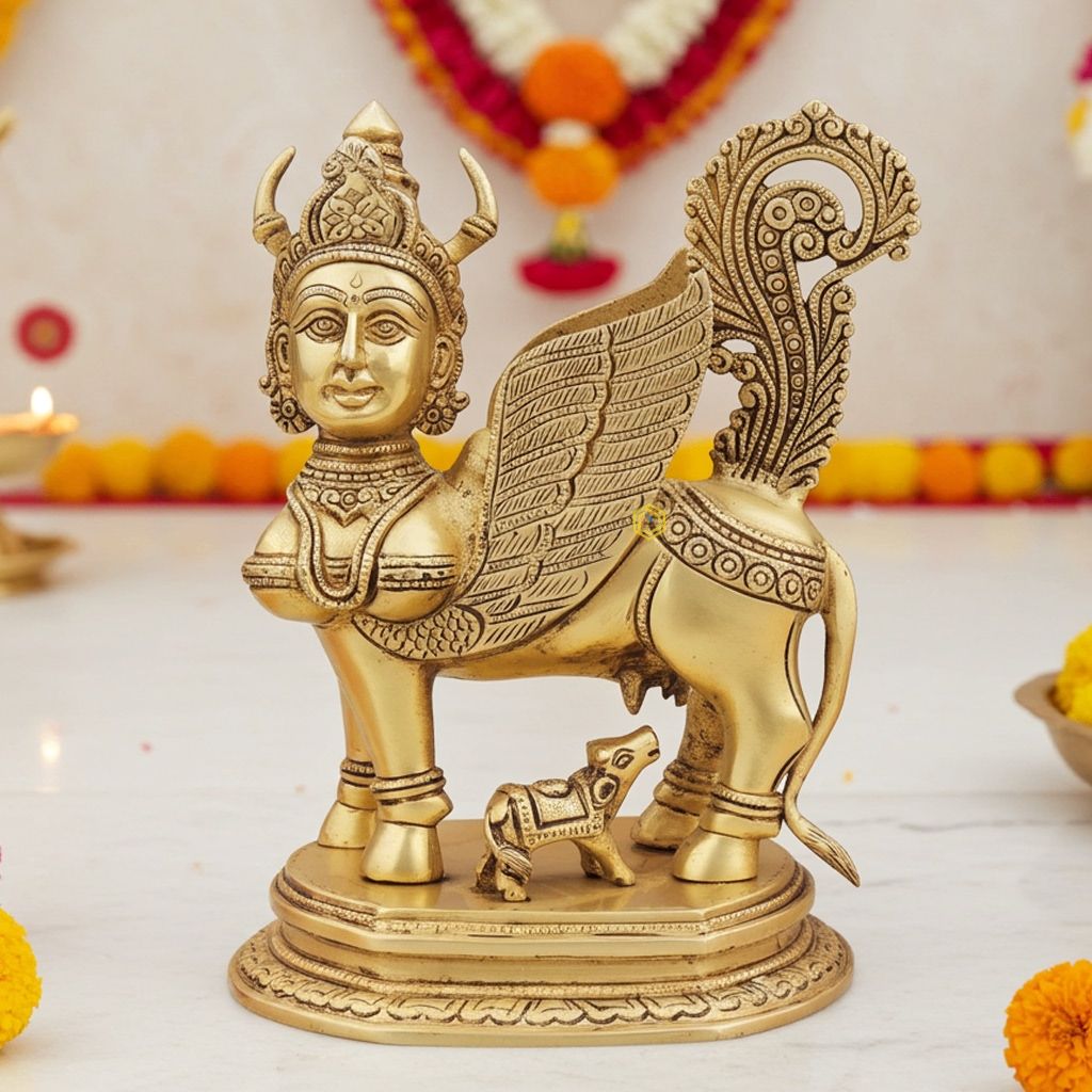 Brass Kamdhenu Cow God Idol - Prosperity Showpiece, Height : 10 Inch (BSMAS1498 Y)