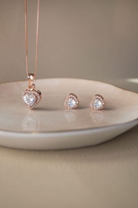Heart Solitaire Rose Gold Plated Sterling Silver Pendant Set-With Chain / Rose