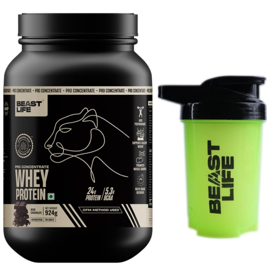 BeastLife Pro Whey Protein Concentrate chocolate flavour with Premium Neon Shaker| 924g | 24g Protein 5.3g BCAA per scoop | Premium Sports Nutrition | High Absorbtion Fuels Muscle| Speed Recovery for Men & Women