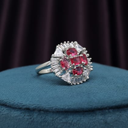 Ruby Color American Diamond Finger Ring (ADR583RUBY)-Ring_Size_Adjustabl / Ruby / Brass With Good Quality Silver Plated