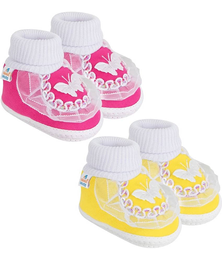 Neska Moda Set of 2 Pair Baby Boys & Baby Girls Butterfly Frill Cotton Booties For 0 to 6 Months (Pink,Yellow)