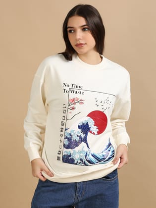 Women Printed Oversized Sweatshirt Pure Cotton Full Sleeve Off White-XS