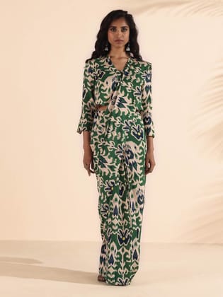 trueBrowns Green Muslin Ikat Saree - Green (Free Size)