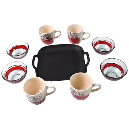Healthy Choice Set of 4 Pc Ceramic Cup and 4 Pc Glass Bowl with Plastic Plate 9 Pcs (Multicolor)