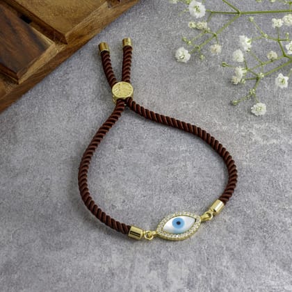 Oval Evil Eye Mother Of Pearl Cz Gold Brown Adjustable Thread Bracelet