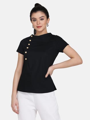 Cotton Top with Wood Button Detail  - Black-S