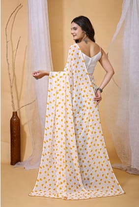 Women's Georgette Printed Saree With Unstitched Blouse 5.5Mtr (White-Yellow)-PID63031 Women's Georgette Printed Saree With Unstitched Blouse 5.5Mtr (White-Yellow)-PID63031