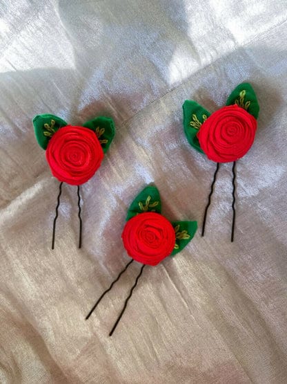 Handcrafted Cotton Red Rose Hairpin